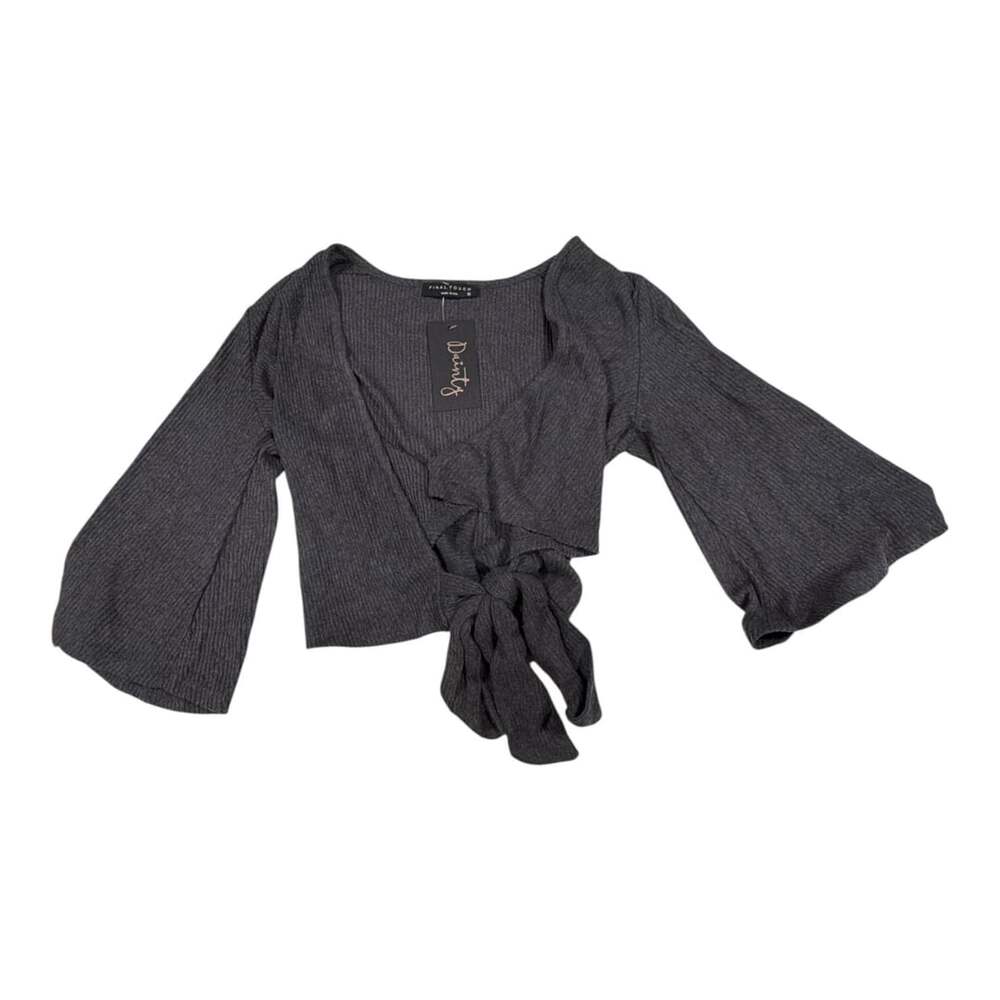 Final touch Ribbed Knit Bell Sleeve Tie Front Crop Top Charcoal Gray Small